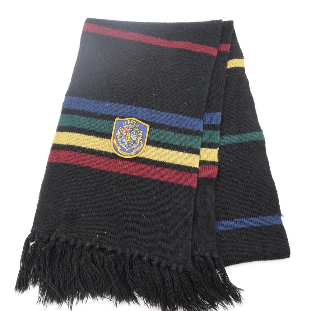Harry Potter Hogwarts Crest Knit Scarf OS Black Multi Color Striped Fringe
